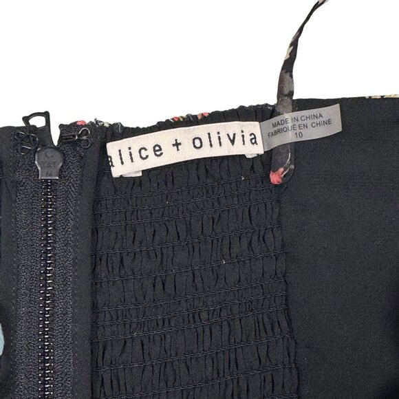 ALICE + OLIVIA Daisy Tiered Mini Dress Sz.10 Dark Floral Black Eyelet Tie-Front - Picture 5 of 16